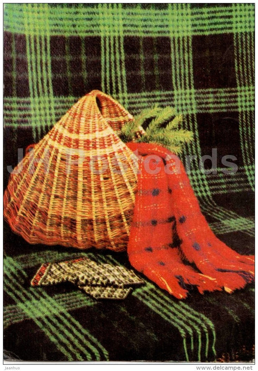 New Year greeting Card - handicraft - wooden basket - scarf - mittens - 1969 - Estonia USSR - used - JH Postcards