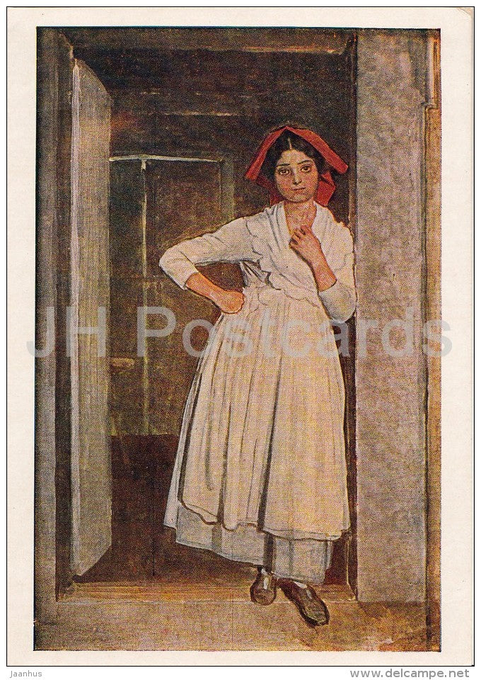 painting by A. Ivanov -  Albanian Girl at the Door - Russian art - 1956 - Russia USSR - unused - JH Postcards