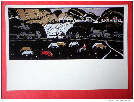 painting by D. Nodiya - On the Roads of Ingurges , 1967 - cows - truck - azerbaijan art - unused - JH Postcards