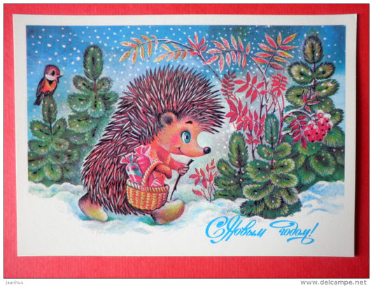New Year greeting card - by T. Zhebelyeva - Hedgehog - bird - winter - 1987 - Russia USSR - unused - JH Postcards