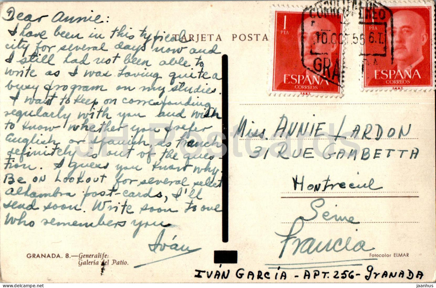 Granada – Generalife – Galeria del Patio – 8 – alte Postkarte – 1955 – Spanien – gebraucht 