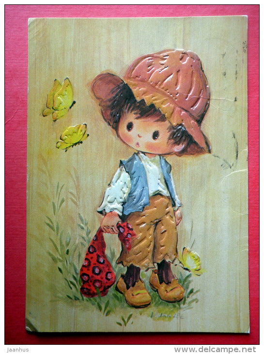illustration by Laura Lee - boy - butterfly - embossed - 4393/4 - Finland - sent from Finland Turku to Estonia USSR 1982 - JH Postcards