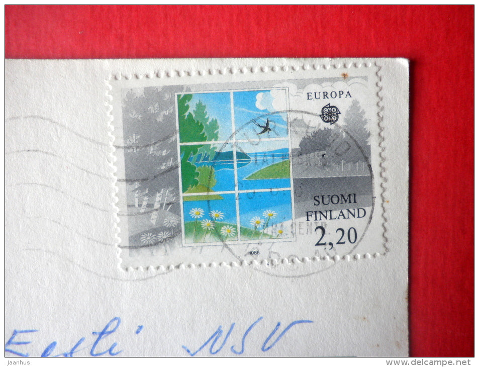 dove - birds - rose - flowers - window - EUROPA CEPT - 5462/5 - Finland - sent from Finland Turku to Estonia USSR 1986 - JH Postcards