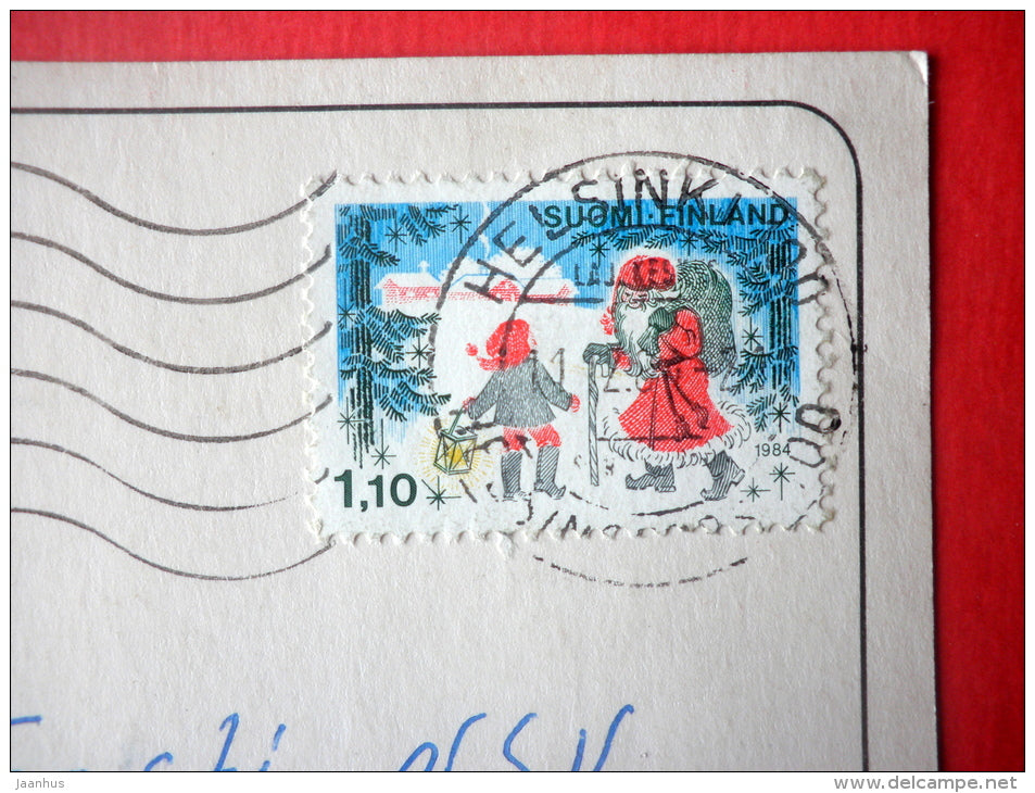 Christmas Greeting Card - Santa Claus - window - 84 - Finland - sent from Finland Helsinki to Estonia USSR 1984 - JH Postcards