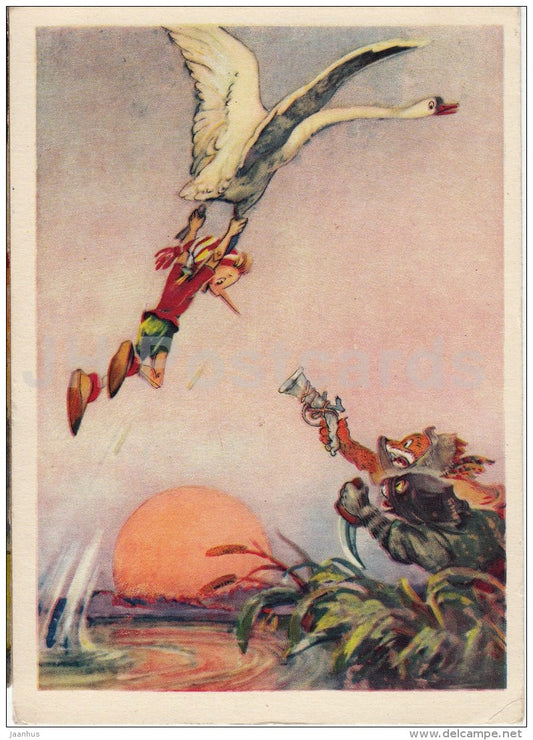 illustration by L. Vladimirsky - Buratino - Pinocchio - swan - fow - cat - fairy tale - 1955 - Russia USSR - unused - JH Postcards