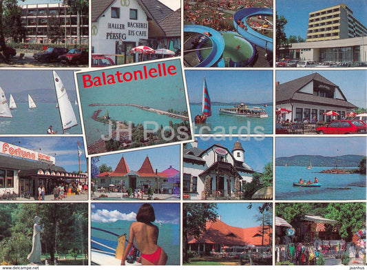 Balaton - Balatonlelle - beach - sailing boat - hotel - multiview - 1995 - Hungary - used - JH Postcards