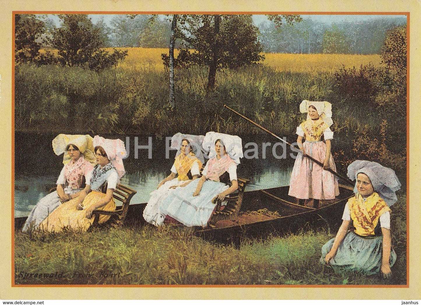 Old postcard REPRODUCTION - Women in boat - folk costumes - 1994 - Germany - used - JH Postcards