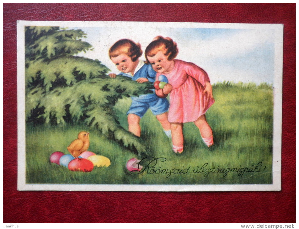 Easter Greeting Card - children - chicken - circulated in 1937 - Estonia - used - JH Postcards