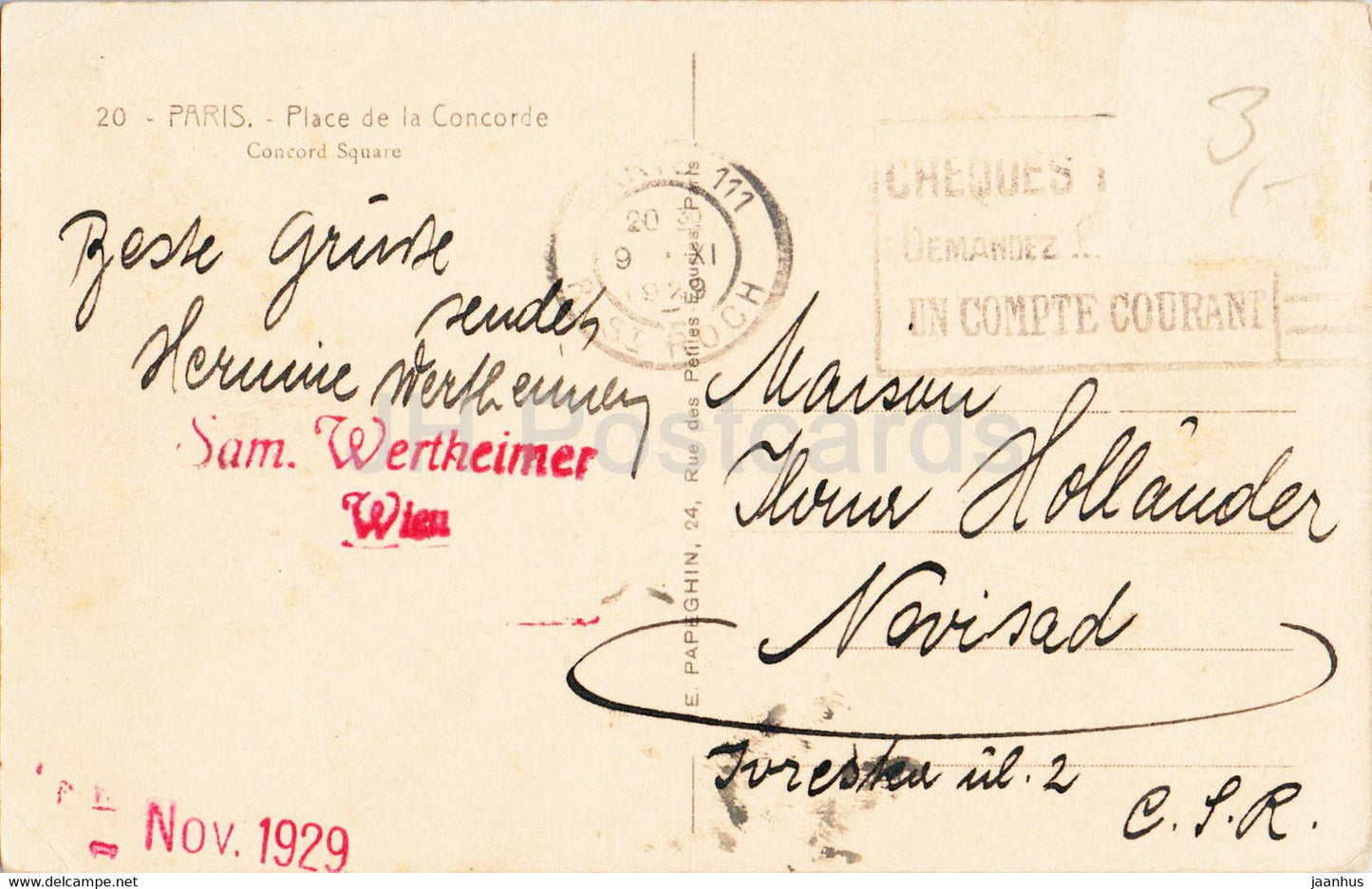 Paris - Place de la Concorde - Place de la Concorde - voiture - 20 - carte postale ancienne - 1929 - France - occasion