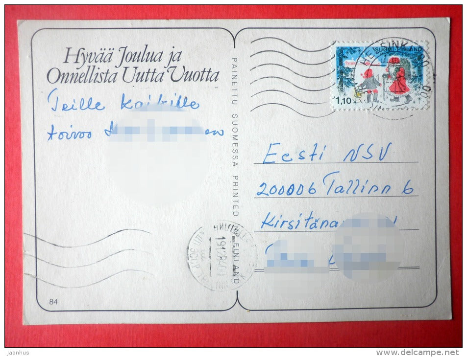 Christmas Greeting Card - Santa Claus - window - 84 - Finland - sent from Finland Helsinki to Estonia USSR 1984 - JH Postcards