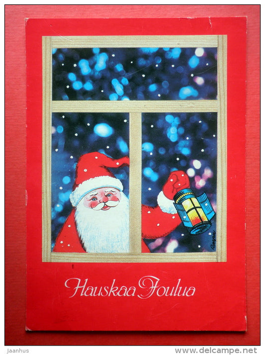 Christmas Greeting Card - Santa Claus - window - 84 - Finland - sent from Finland Helsinki to Estonia USSR 1984 - JH Postcards