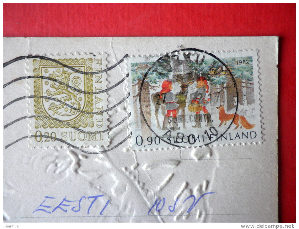 illustration by Laura Lee - boy - butterfly - embossed - 4393/4 - Finland - sent from Finland Turku to Estonia USSR 1982 - JH Postcards