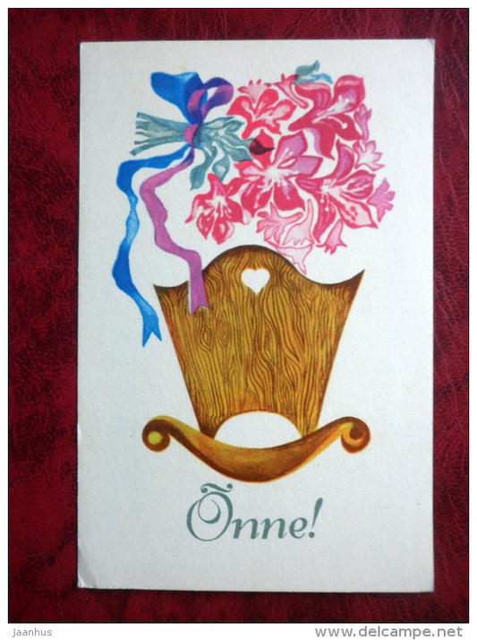 child birth greeting card - flowers - cradle - 1973 - Estonia - USSR - unused - JH Postcards
