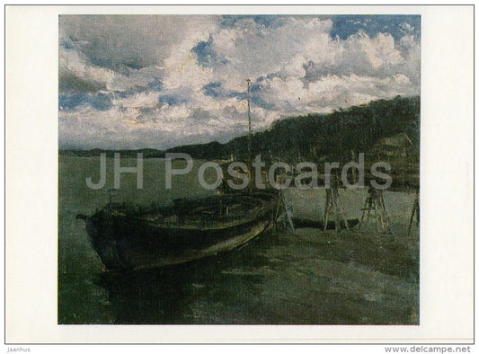 painting by A. Morozov - Cloudy Day on Volga river , 1937 - boat - Russian art - Russia USSR - 1988 - unused - JH Postcards