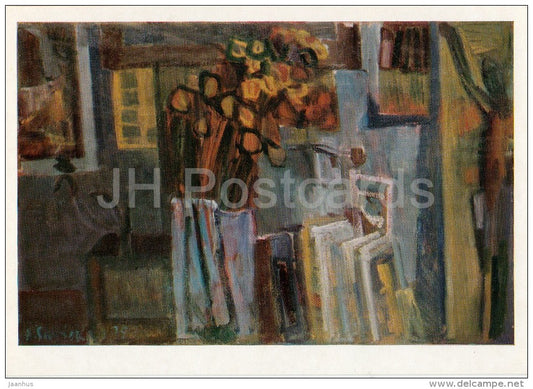 painting by Augustinas Savickas - Flowers in Workshop , 1975 - Lithuanian art - 1977 - Russia USSR - unused - JH Postcards