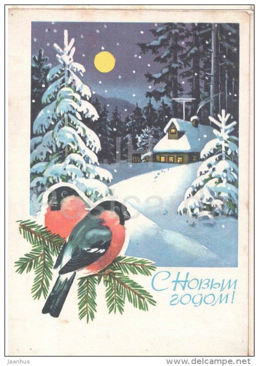 New Year Greeting card by G. Kurtenko - bullfinch - birds - house - Stationery - 1977 - Russia USSR - used - JH Postcards
