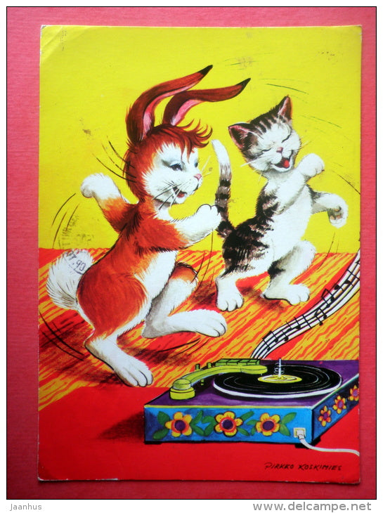 illustration by Pirkko Koskimies - cat - hare - 1231/6 - Finland - sent from Finland Turku to Estonia USSR 1976 - JH Postcards
