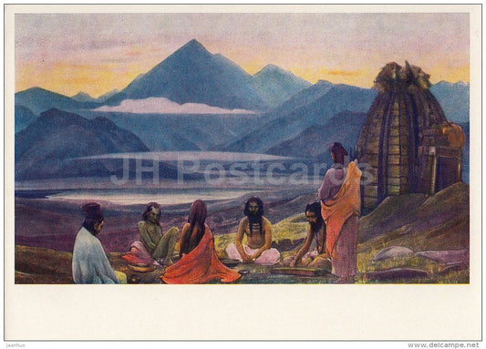 painting by Svyatoslav Roerich - 1 - Yoga Meeting - contemporary art - art of india - unused - JH Postcards