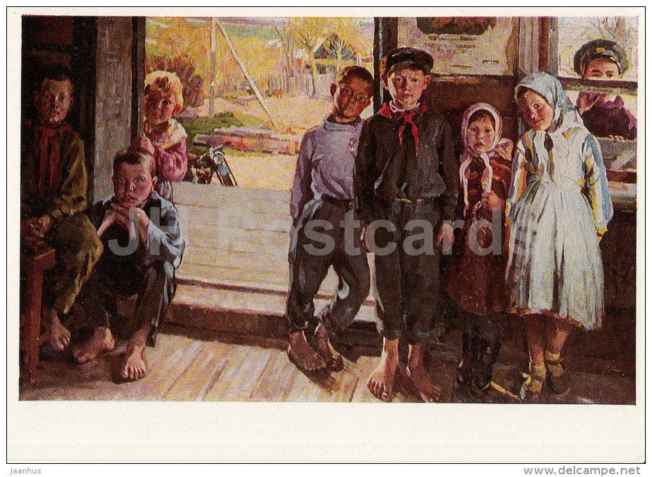 Painting by N. Karacharskov - My New Friends , 1964 - boys and girls - Chuvashian art - 1967 - Russia USSR - unused - JH Postcards