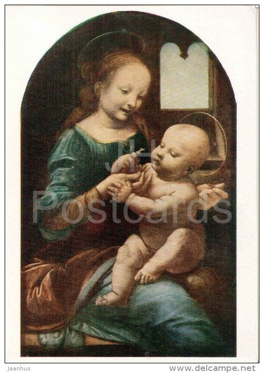 painting by Leonardo da Vinci - Madonna Benois - woman and child - italian art - unused - JH Postcards