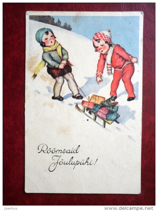 Christmas Greeting Card - sleigh - children - gifts - RTK 207 - 1920s-1930s - Estonia - used - JH Postcards