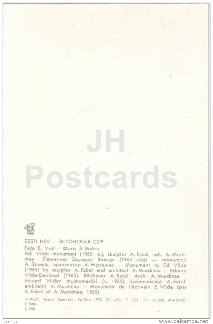 monument to Estonian writer Eduard Vilde - Tallinn - 1973 - Estonia USSR - unused - JH Postcards