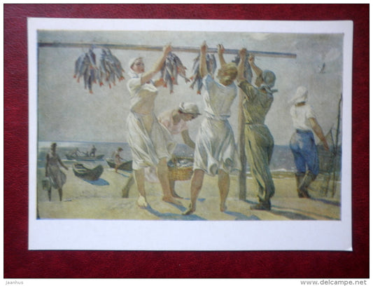 painting by Aleksandr Deyneka - By the sea . Fisherwomen , 1956 - fish - boats - russian art - unused - JH Postcards