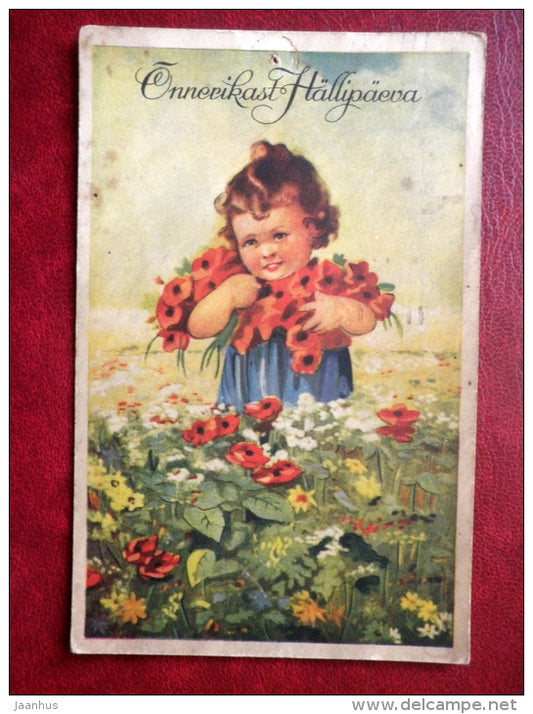 Birthday Greeting Card - child - flowers - circulated in 1938 - Estonia - used - JH Postcards