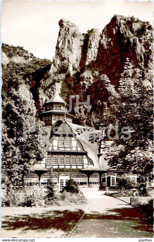 Bad Munster am Stein - Baderhaus mit Rheingrafenstein - old postcard - Germany - unused - JH Postcards