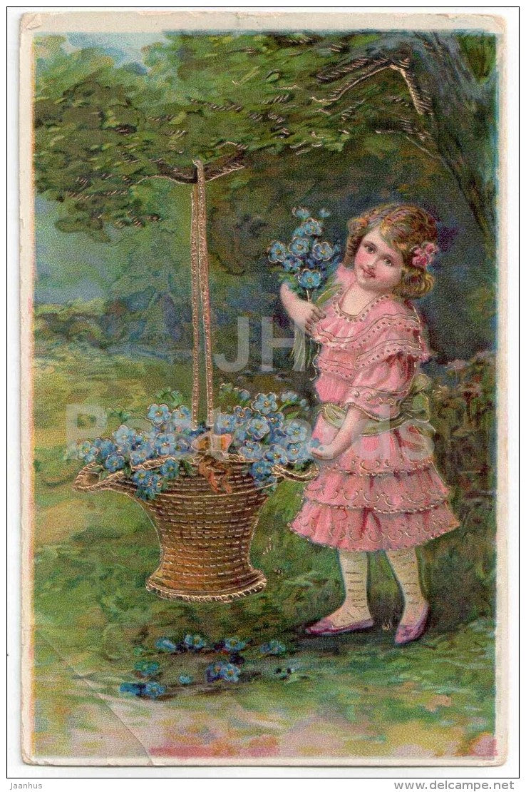 illustration - girl with flower basket - 2486 - circulated in Estonia in 1925 - JH Postcards