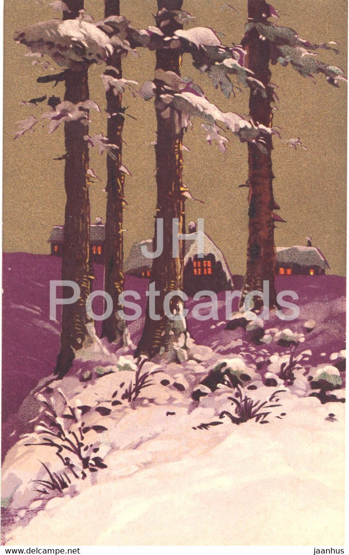 winter - houses - illustration - HWB SER 13855 - old postcard - used - JH Postcards