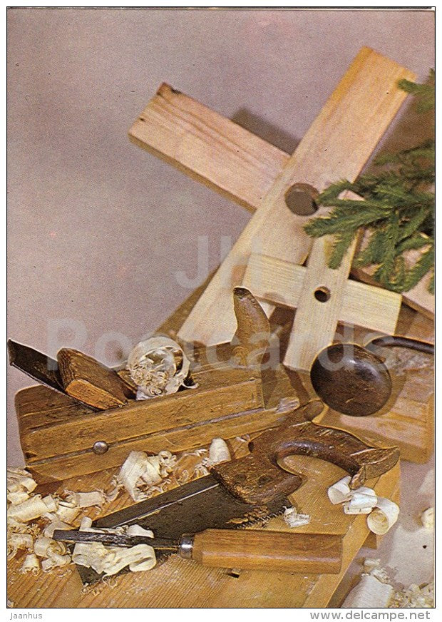 New Year Greeting card - 1 - planer - saw - chisel - Christmas tree stand - 1989 - Estonia USSR - used - JH Postcards