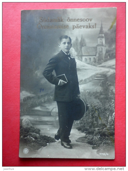 children - boy - church - NPG 7716/4 - old postcard - circulated in Estonia - JH Postcards
