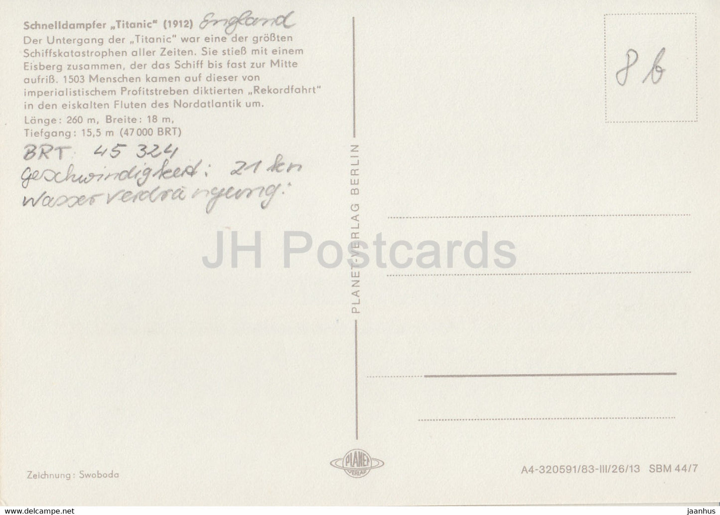 Schnelldampfer Titanic 1912 - steamer - Historische Schiffe - Historical Ships - DDR Germany - used