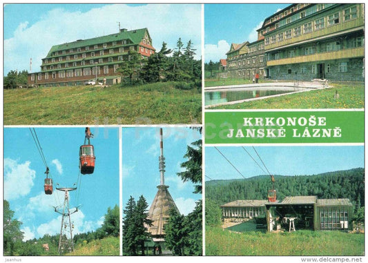 Sokolska bouda - hotel - cable car - TV transmitter - Krkonose - spa - Janske Lazne - Czechoslovakia - Czech - unused - JH Postcards