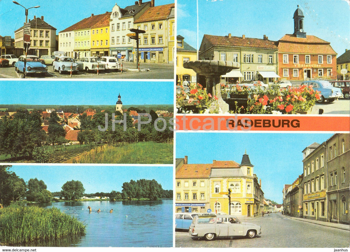 Radeburg - Platz des 8 Mai - Roderstausee - HOG Ratskeller - Heinrich Zille Strasse - car - Germany DDR - unused - JH Postcards