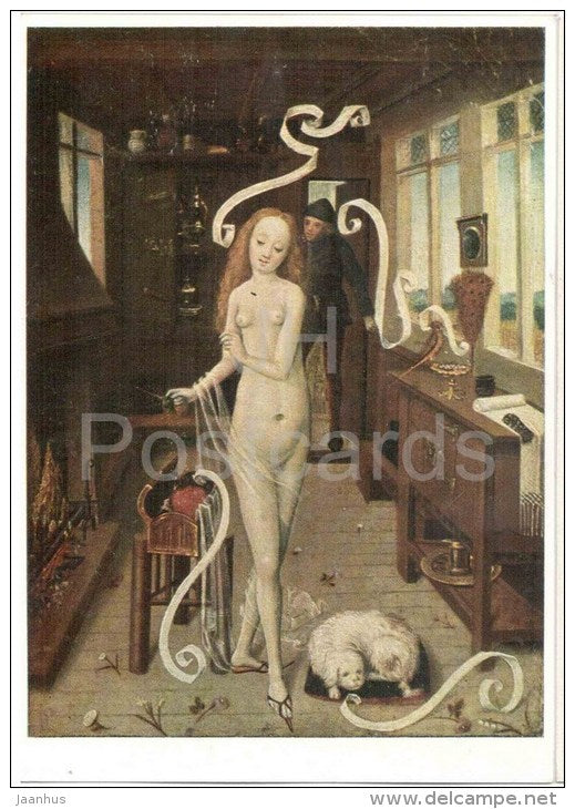 painting by Rhein Artist - Love Spells - dog - nude woman - german art - unused - JH Postcards