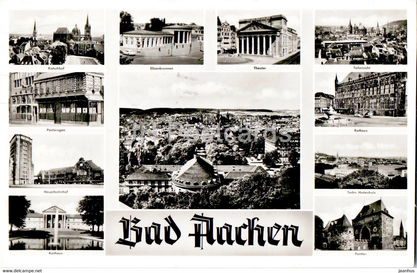 Bad Aachen - Katschhof - Elisenbrunnen - Theater - Postwagen - Rathaus - Kurhaus - old postcard - 1956 - Germany - used - JH Postcards