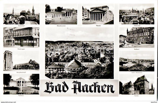Bad Aachen - Katschhof - Elisenbrunnen - Theater - Postwagen - Rathaus - Kurhaus - old postcard - 1956 - Germany - used - JH Postcards