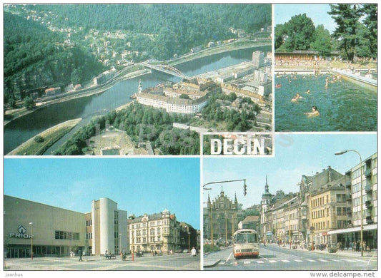 Decin - town views - river - pool - streets - bus - Czechoslovakia - Czech - used 1992 - JH Postcards
