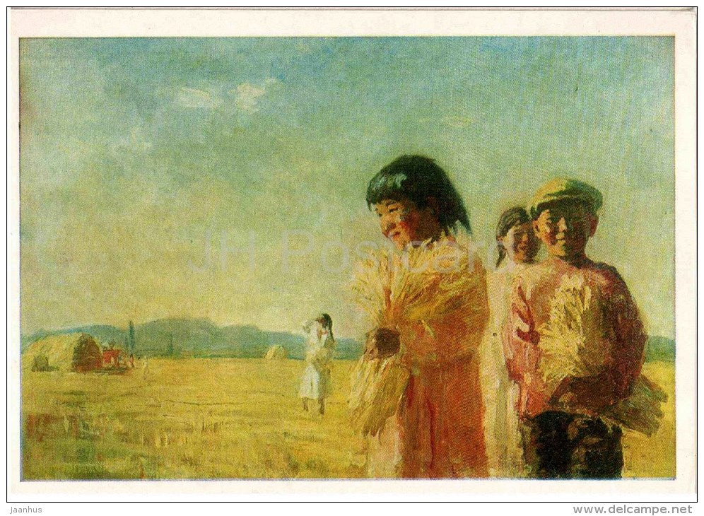 painting by E. Maleyna - Children of Kyrgyzstan Kolkhoz , 1939 - russian art - unused - JH Postcards