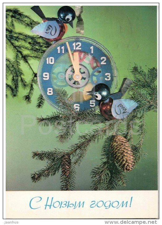 New Year greetings - birds - clock - stationery - 1976 - Russia USSR - used - JH Postcards