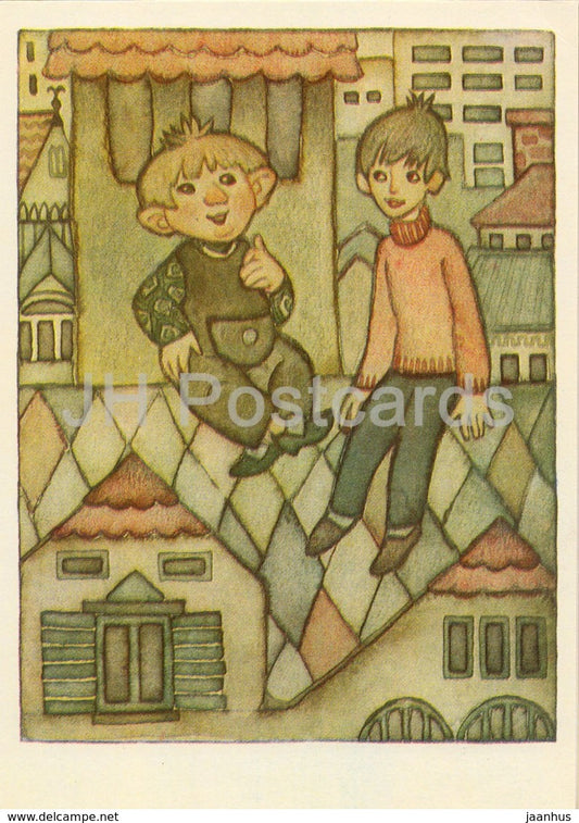 Karlsson-on-the-Roof by Astrid Lindgren - Boy - roof - illustration by N. Poplavskaya - 1976 - Russia USSR - unused - JH Postcards