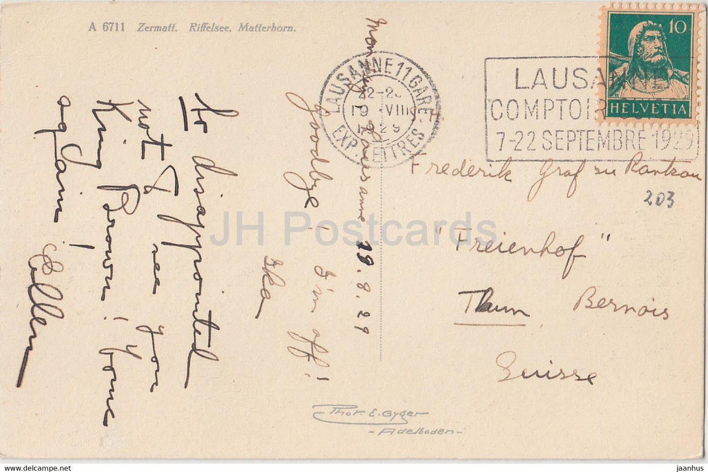 Zermatt - Riffelsee - Matterhorn - 6711 - old postcard - 1929 - Switzerland - used