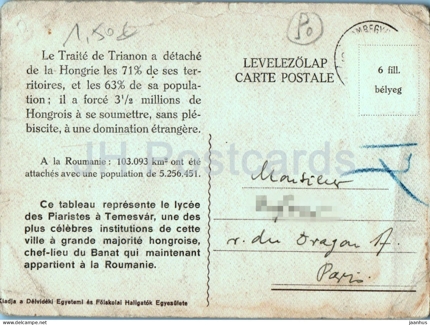 Temesvar - Piarista gimnazium - Gymnase Piarista - école - carte postale ancienne - Roumanie - utilisé