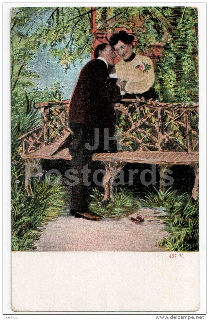 couple - man and woman - park - 487 V - old postcard - unused - JH Postcards