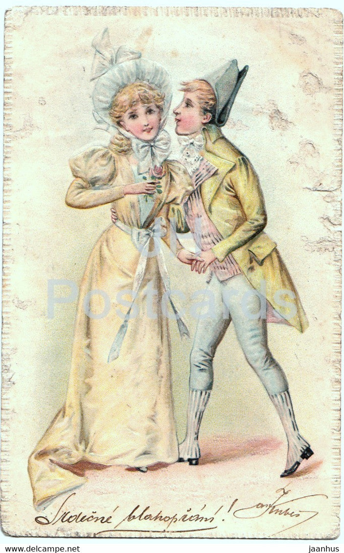woman and man - couple - illustration - old postcard - 1901 - used - JH Postcards