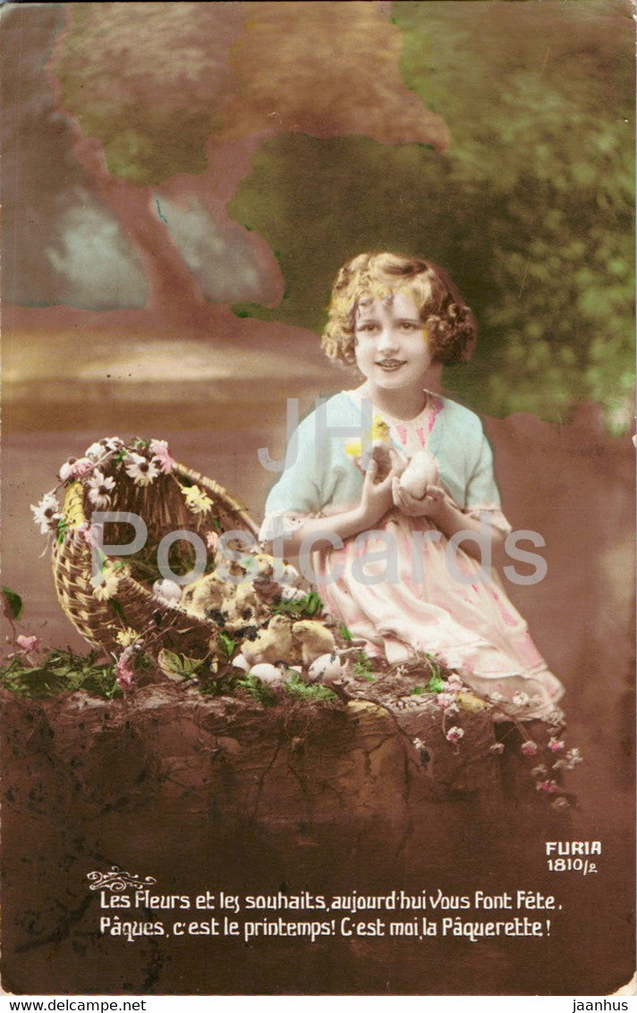 Easter Greeting Card - Les Fleurs et les souhaits - girl - Furia - 1810 - old postcard - 1917 - France - used - JH Postcards