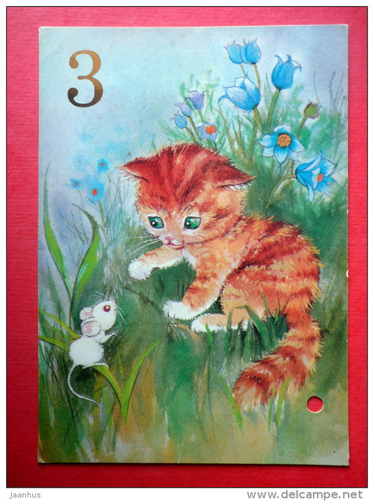 illustration by Laura Lee - cat - kitten - mouse - 29-380 - Finland - circulated in Finland - JH Postcards