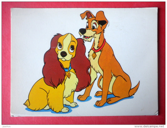 illustration by Walt Disney - Lady and the Tramp - dog - 9191 - England - circulated in Finland - JH Postcards